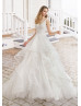 V Neck Pleated Ivory Polka Dot Tulle Ruffle Wedding Dress
